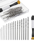 48 Piece Adjustable Pin Vise Kit With Slick Aluminum Hand Drill And Killer High Speed Steel Micro Twist Drill Bits 0.5 To 3mm For Wood Resin Plastic Model Crafting Gear in clear storage box.