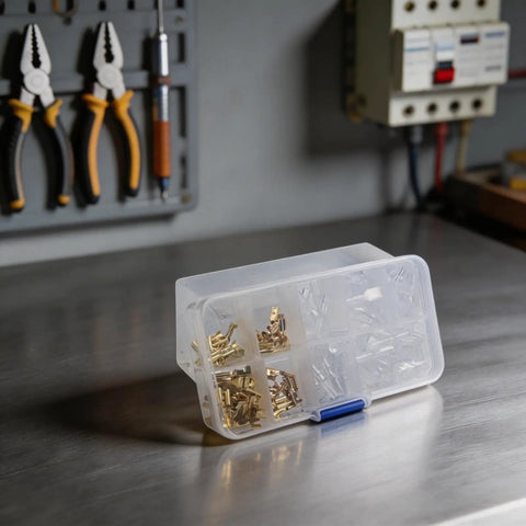 Rock Solid 120PC Female Spade Terminal Kit With 2.8mm 4.8mm And 6.3mm Insulated Copper Connectors on organizer box