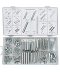 Assorted Extension Springs Kit 200 Pcs Metal Tension Springs in organized box, labeled compartments, for home appliances and tools.