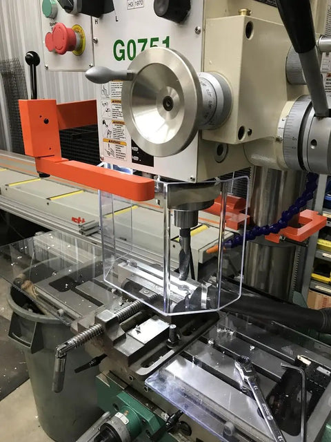 Heavy Duty Drill Press Guard OSHA Shield For 4 To 6.5 Inch Columns on drill press showing Lexan shield installed