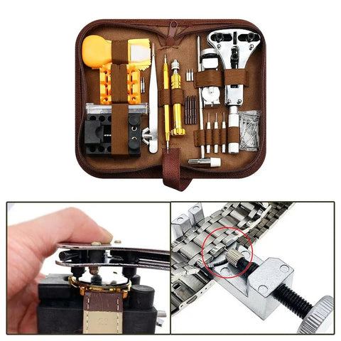 Pro Grade Watch Repair Kit Tool Set With Durable Metal Construction And Portable Storage Case shown with tools in case