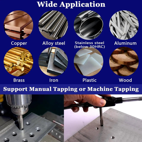 2Pcs M5 X 0.8 Thread Tap HSS Right Hand Milling Tap for metals like steel, iron, aluminum, applications shown in circles