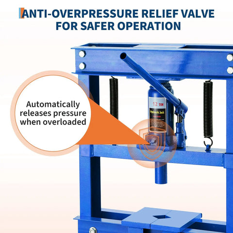 Top Shelf 12 Ton H Frame Hydraulic Shop Press With Height Adjustable Table And Removable Plates showing anti-overpressure relief valve detail.