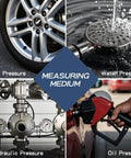 Pressure gauge collage showing air, water, hydraulic, and oil pressure devices with central Measuring Medium badge.