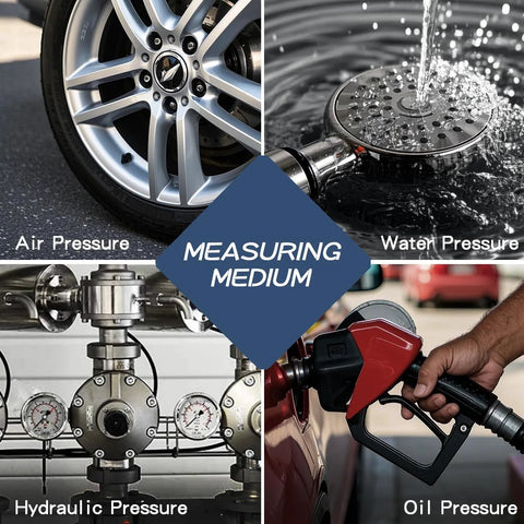 Pressure gauge collage showing air, water, hydraulic, and oil pressure devices with central Measuring Medium badge.