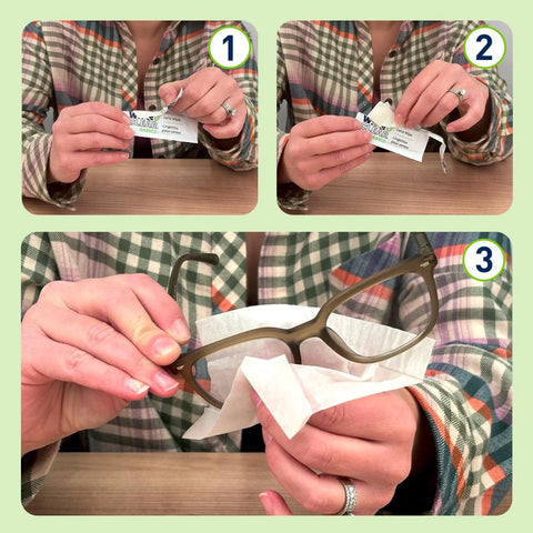 Flents Lens Wipes, individually wrapped, shown opening a wipe and cleaning brown eyeglasses.
