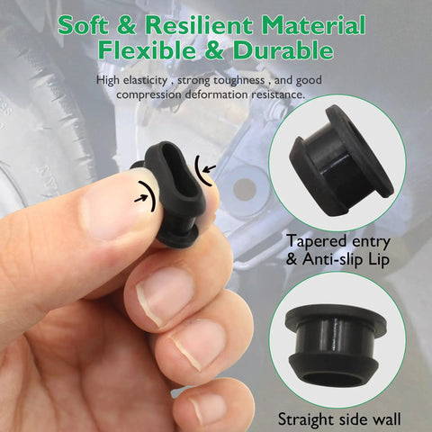 Hand holding Half Inch Drill Hole Silicone Top Hat Grommet with tapered entry and anti-slip lip, 3/8 in ID, 0.67 in OD, 2mm thick