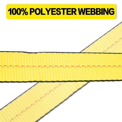 Close-up of yellow polyester webbing of Beefy Heavy Duty Flat Hook Ratchet Straps Tie Down Straps 2 Inch By 27 Feet Weather Resistant.