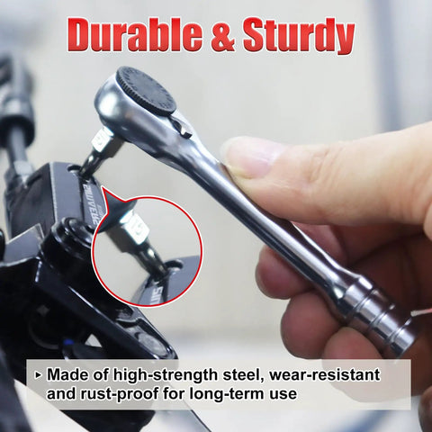 Using Bike Repair Kit 13 in 1 Mini Ratchet Wrench Set With 11 Bits on bicycle component, close-up view