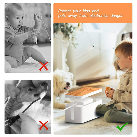 Child and dog near Two Pack Wooden Style Cable Organizer Boxes With Sixteen Cable Clips Large Medium And Small To Hide Wires And Power Strips No Mess Cord Management For Home And Office White, preventing electronic accidents.