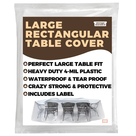 Beefy Heavy Duty Waterproof Patio Table And Chair Cover for Outdoor Furniture, shown in packaging with product features.