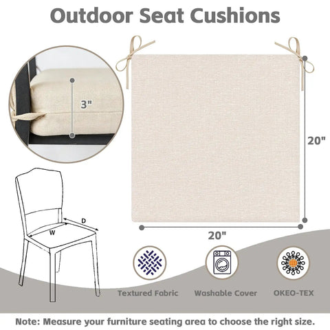 Diagram of Cozy Outdoor Chair Cushions Set Of 4 20 By 20 Inches Square Seat Pads With Ties, beige color, with measurements.
