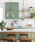 Leigh Pendant Light With Oversized Glass Shade And Adjustable Cord, Dope Vintage Brass Ceiling Fixture above kitchen island
