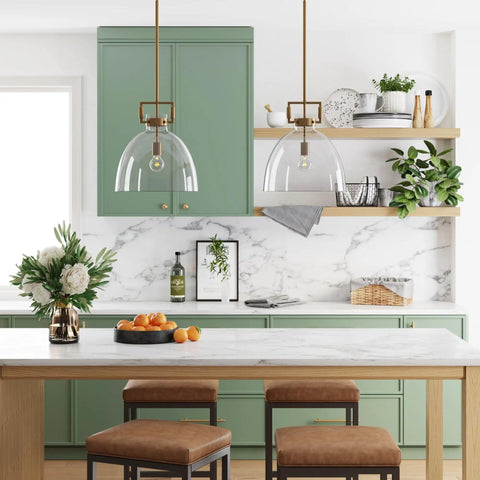 Leigh Pendant Light With Oversized Glass Shade And Adjustable Cord, Dope Vintage Brass Ceiling Fixture above kitchen island
