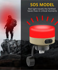 USB Powered Camping Lantern For Elecom Nestout, SOS model emits red light, shown on rocky terrain at dusk.