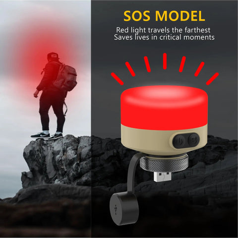 USB Powered Camping Lantern For Elecom Nestout, SOS model emits red light, shown on rocky terrain at dusk.