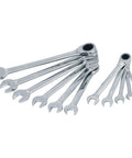 Ratcheting Wrench Set Metric 11 Piece 72 Tooth Box End Quick Engagement 15 Degree Offset Chrome Finish displayed in fan shape
