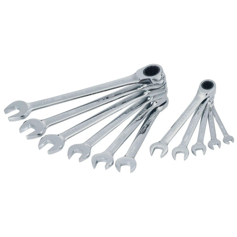 Ratcheting Wrench Set Metric 11 Piece 72 Tooth Box End Quick Engagement 15 Degree Offset Chrome Finish displayed in fan shape