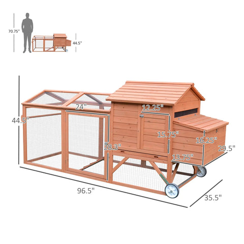 96.5-Inch Wooden Chicken Coop With Portable Wheels, Hen House And Nesting Box, Outdoor Backyard Poultry Cage Pen, Large Run
