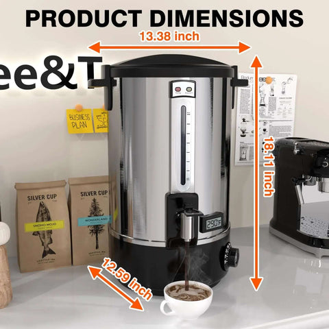 Heavy Duty 110 Cup Stainless Steel Coffee Urn For Catering, Double Wall Electric Dispenser Keeps Coffee Hot, dimensions shown