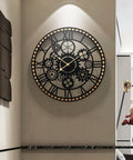Large Farmhouse Wall Clock For Living Room Decor Visible Gear Dial battery operated with intricate design and silent movement on wall.