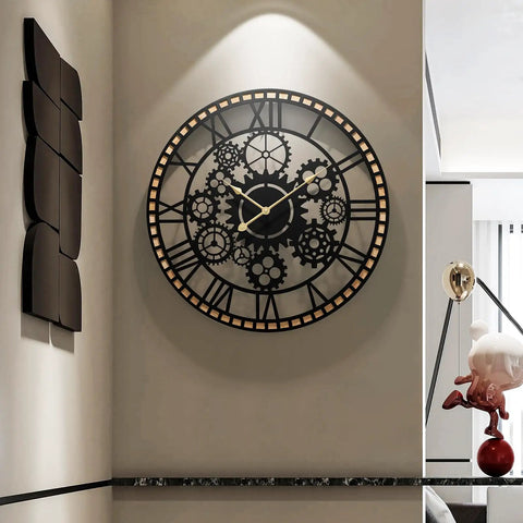 Large Farmhouse Wall Clock For Living Room Decor Visible Gear Dial battery operated with intricate design and silent movement on wall.
