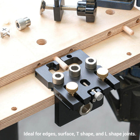 3 In 1 Woodworking Drill Locator And Self Centering Doweling Jig For Cabinet And Furniture Assembly, shown installed on a wooden board, anodized aluminum, with 6mm 8mm 10mm drill adapters and 15mm eccentric wheel.