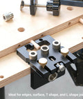 Self Centering Doweling Jig For Woodworking With Drill Guide, Includes 6mm 8mm 10mm Bits And 12mm Eccentric Wheel, Pro Grade 6061 Aluminum Construction for Precise Furniture Assembly And Cabinet Making, attached to wooden board