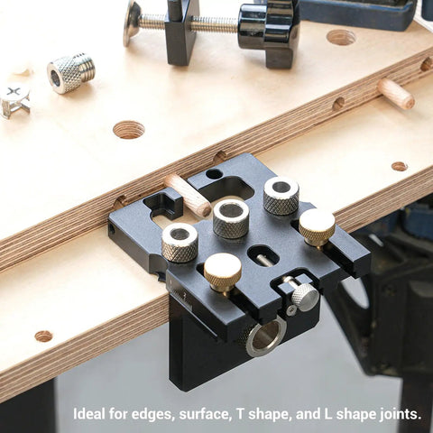 No Sweat 3 In 1 Dowel Jig Kit For Woodworking Self Centering Drill Guide With Steel Bushings adjustable for T and L shape joints.