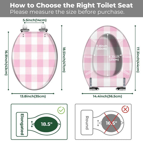 How to measure Toilet Seat Resin Waterproof for Bathroom dimensions with pink checkered design and size guide.