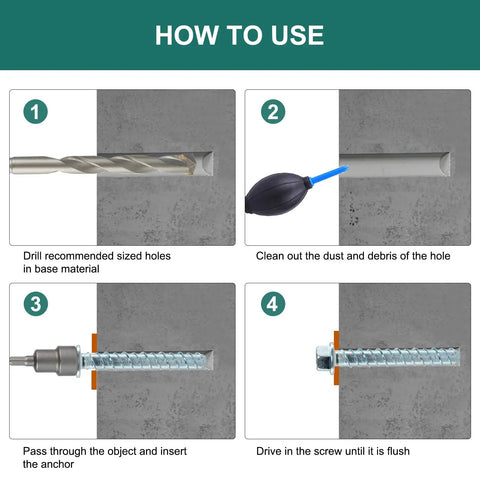 How to use Tough As Nails Concrete Screws And Anchor Bolts 5/8 Through 6 Inch 10 Pieces Kit Set with step-by-step visuals.