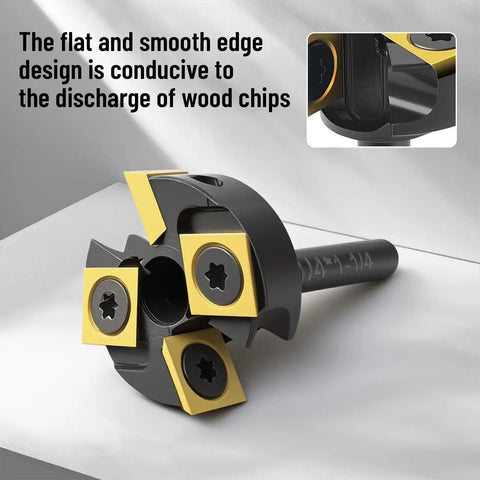 Heavy Duty Slab Flattening Router Bit With One Quarter Inch Shank One And One Quarter Inch Cutting Diameter Two Plus Two Pro Grade Titanium Coated Flutes Carbide Inserts For CNC Spoilboard Surfacing MDF Planing Slab Leveling And Rabbeting, close-up view.