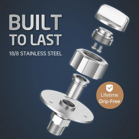 RV water inlet connection with check valve, all-metal 18/8 stainless steel, brushed finish, exploded view