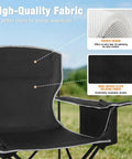 Close-up of black folding camping chair showing padded high-quality fabric, part of Two Pack Lightweight Folding Camping Chairs For Adults With 4 Can Cooler Bag Cup Holder And Carry Bag For Tailgating Beach Fishing Or Outdoor Hangouts Black.