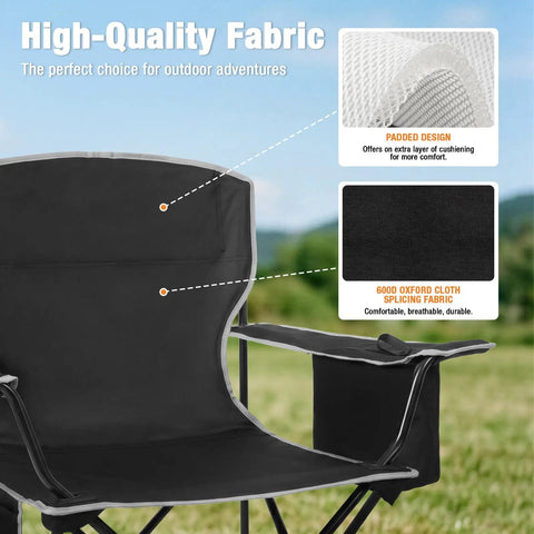 Close-up of black folding camping chair showing padded high-quality fabric, part of Two Pack Lightweight Folding Camping Chairs For Adults With 4 Can Cooler Bag Cup Holder And Carry Bag For Tailgating Beach Fishing Or Outdoor Hangouts Black.