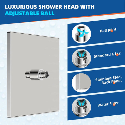 12 Inch High Pressure Square Rain Shower Head With Six Tenths Of An Inch Thick Metal Construction And Adjustable Brass Ball Joint For Full Body Waterfall Coverage In Chrome Finish, CUPC Certified For Consistent Flow.