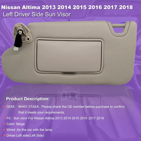 Left Driver Side Sun Visor For Nissan Altima 2013-2018 With Built-In Light Beige Direct Replacement Non OEM Without Sunroof Part 96401-3TA2A