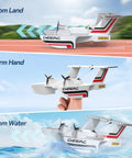 Amphibious RC Plane For Water Land And Air, 3 Channel Remote Control Glider With Dual Batteries, shown on land, hand, and water.