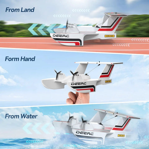 Amphibious RC Plane For Water Land And Air, 3 Channel Remote Control Glider With Dual Batteries, shown on land, hand, and water.