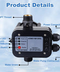 Water Pump Pressure Controller With Automatic Electronic Switch, Adjustable 1.5-2.5 Bar, easy plug-and-play 110-120V, front view showing connectors