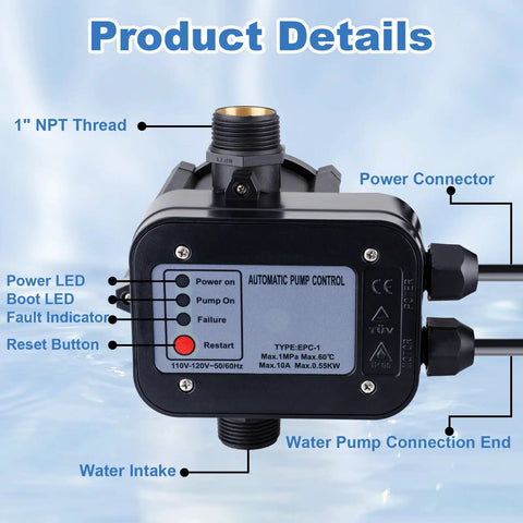 Water Pump Pressure Controller With Automatic Electronic Switch, Adjustable 1.5-2.5 Bar, easy plug-and-play 110-120V, front view showing connectors