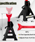 Pair of black 6-ton jack stands with red adjustable posts, double-pin lock, 15.6-23.4 in height, rubber pads.