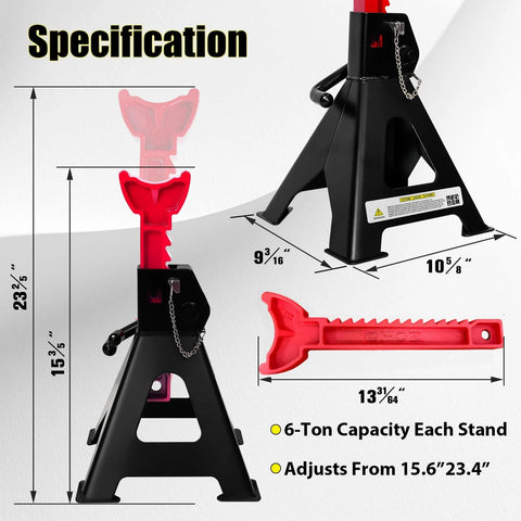 Pair of black 6-ton jack stands with red adjustable posts, double-pin lock, 15.6-23.4 in height, rubber pads.