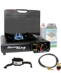 Dual Fuel Gas Camping Stove For Butane Or Propane, Portable Single Burner with flame, gas cans, regulator hose, and stand