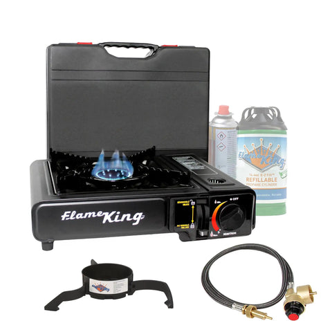 Dual Fuel Gas Camping Stove For Butane Or Propane, Portable Single Burner with flame, gas cans, regulator hose, and stand