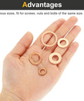 Rock Solid M26 Copper Flat Washers, 8 Piece Pack Featuring 32mm Outside Diameter And 2mm Thickness, showing various sizes in hand.
