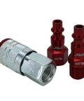 ColorFit M-Style Red 1/4 Inch NPT Coupler And Plug Kit 3-Piece Set For Worksite-Ready Industrial Air Lines Scratch-Resistant Steel