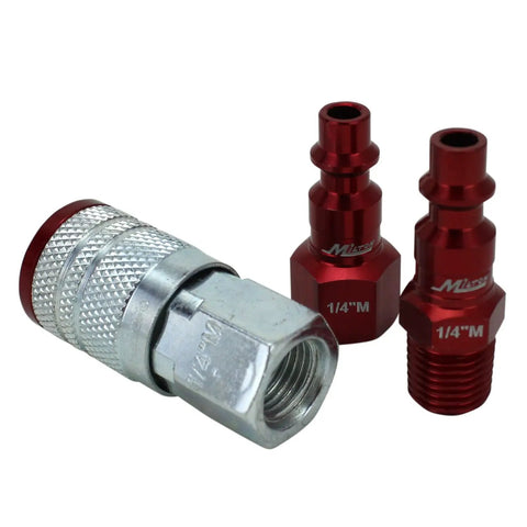 ColorFit M-Style Red 1/4 Inch NPT Coupler And Plug Kit 3-Piece Set For Worksite-Ready Industrial Air Lines Scratch-Resistant Steel