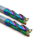 Close-up of two rainbow DLC-coated 3-flute carbide roughing end mills with 1/4 inch shank (2 pieces)