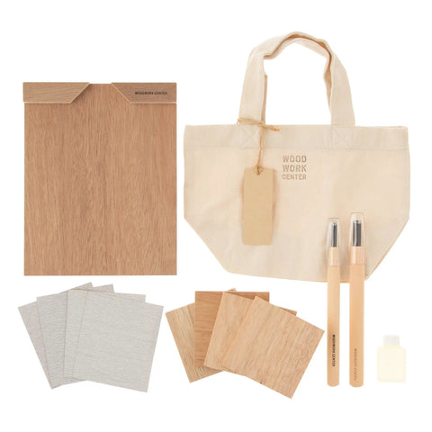Walnut Beesplate Woodworking Kit With Two Types Of Chisels Includes Sandpaper Sesame Oil Cotton Bag And Four Dishes Perfect For Hobby Crafters And DIY Wood Projects, displayed with included tools and materials.